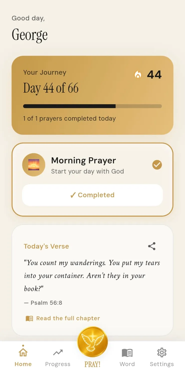 PRAY home screen showing today's prayers